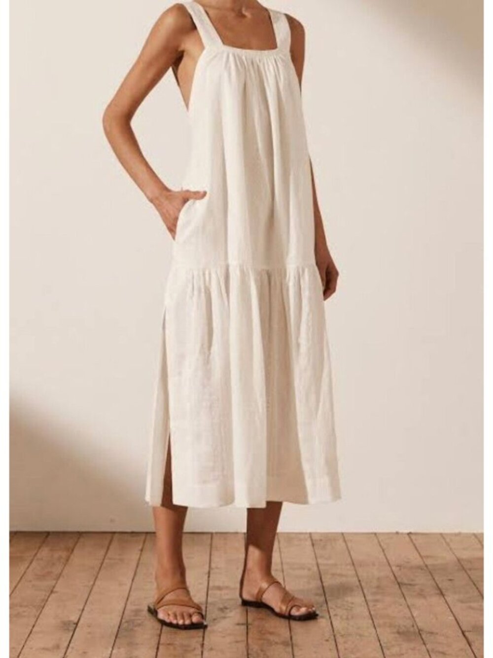 Shona Joy Cosmo Linen Low Back Midi Dress White Tiered Resort Cottage Size 2